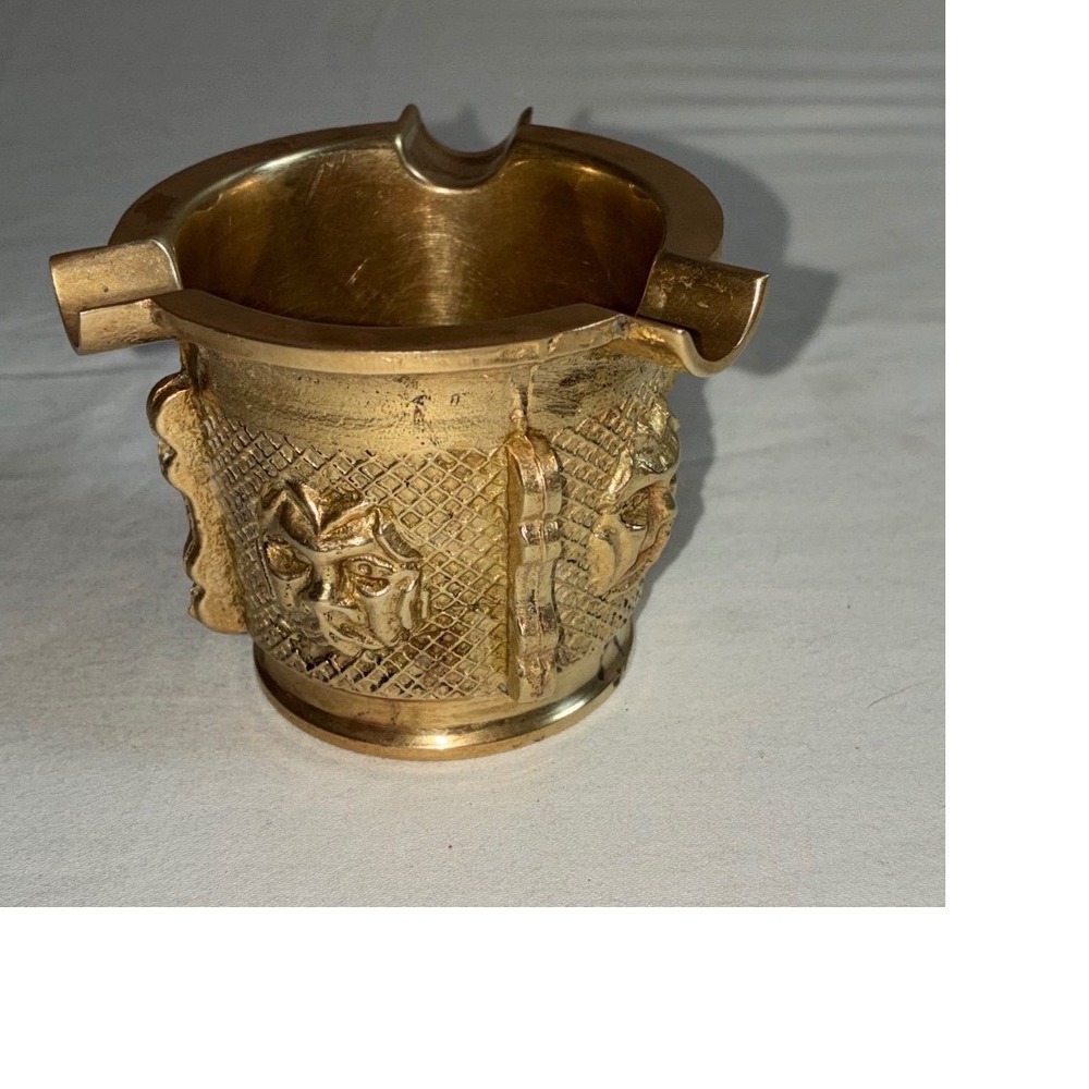 Vintage Heavy Bronze Triple Ashtray Raised Face Relief 1.5 LB Ornate 3 Rest